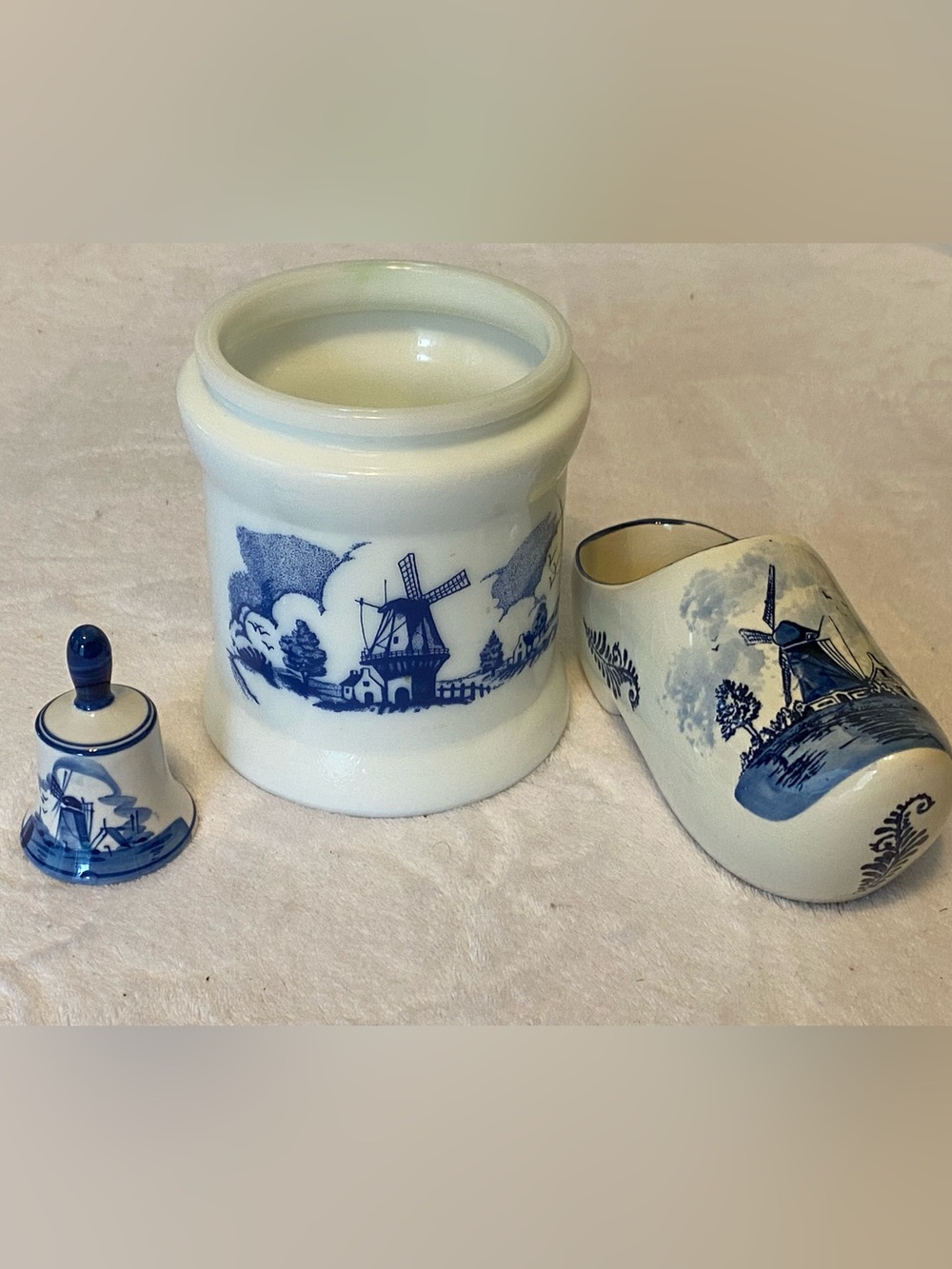 3 Vintage Collection Delft Blue/White Milk Glass Humidor And Porcelain Shoe/Bell